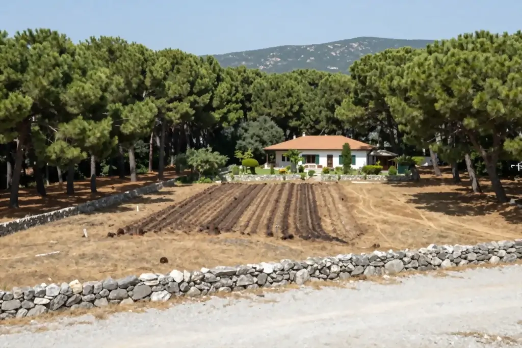 Κατοικία σε μεγάλο οικόπεδο δίπλα σε πευκόδασος, με καθαρισμένη ζώνη πυροπροστασίας