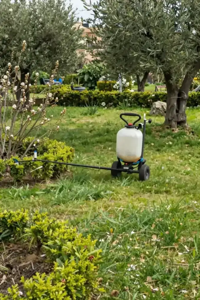 Κήπος την άνοιξη με νέα βλάστηση και εξοπλισμό λίπανσης