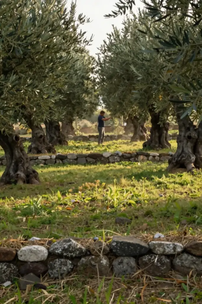 Ελαιώνας μέσα σε ιδιωτικό κτήμα με κηπουρό να ελέγχει δέντρο