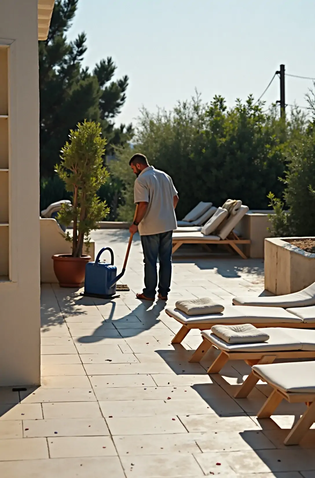 Κηπουρός σκουπίζει τη βεράντα καταλύματος νωρίς το πρωί, ανάμεσα σε δύο αφίξεις επισκεπτών