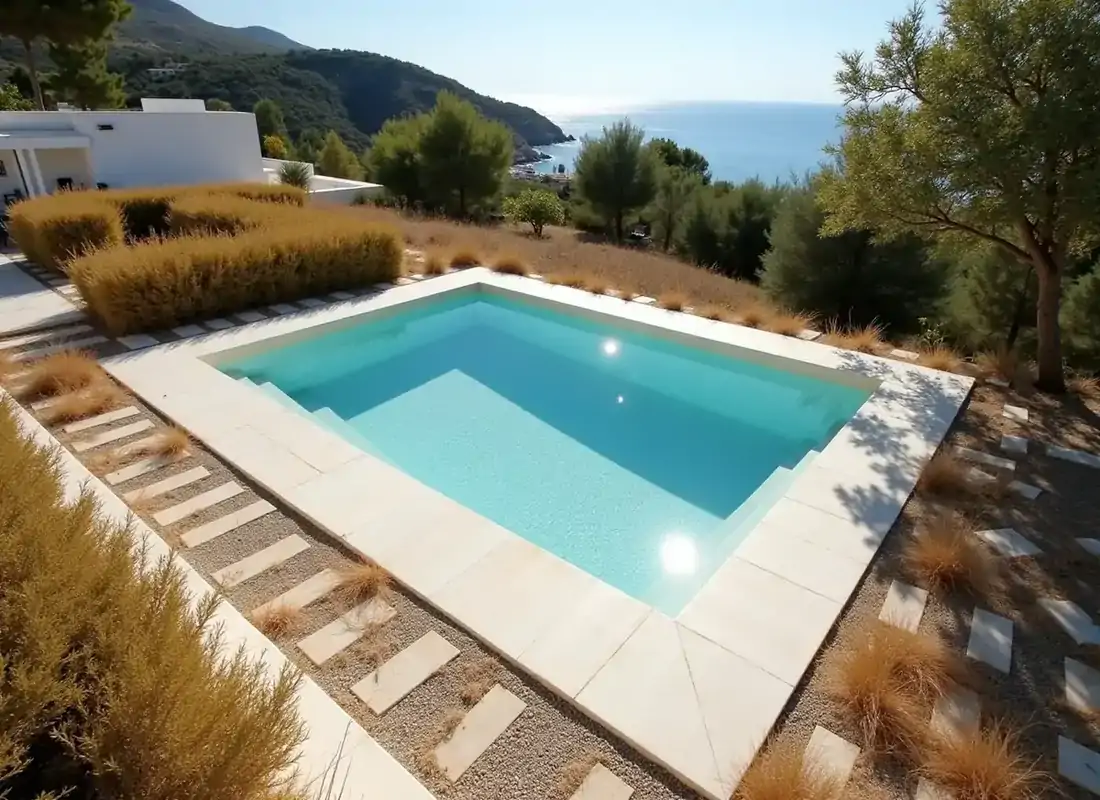 Κήπος βίλας σε άνδηρα στη Βουλιαγμένη πριν την επέμβαση, με ξεραμένη φύτευση γύρω από την πισίνα