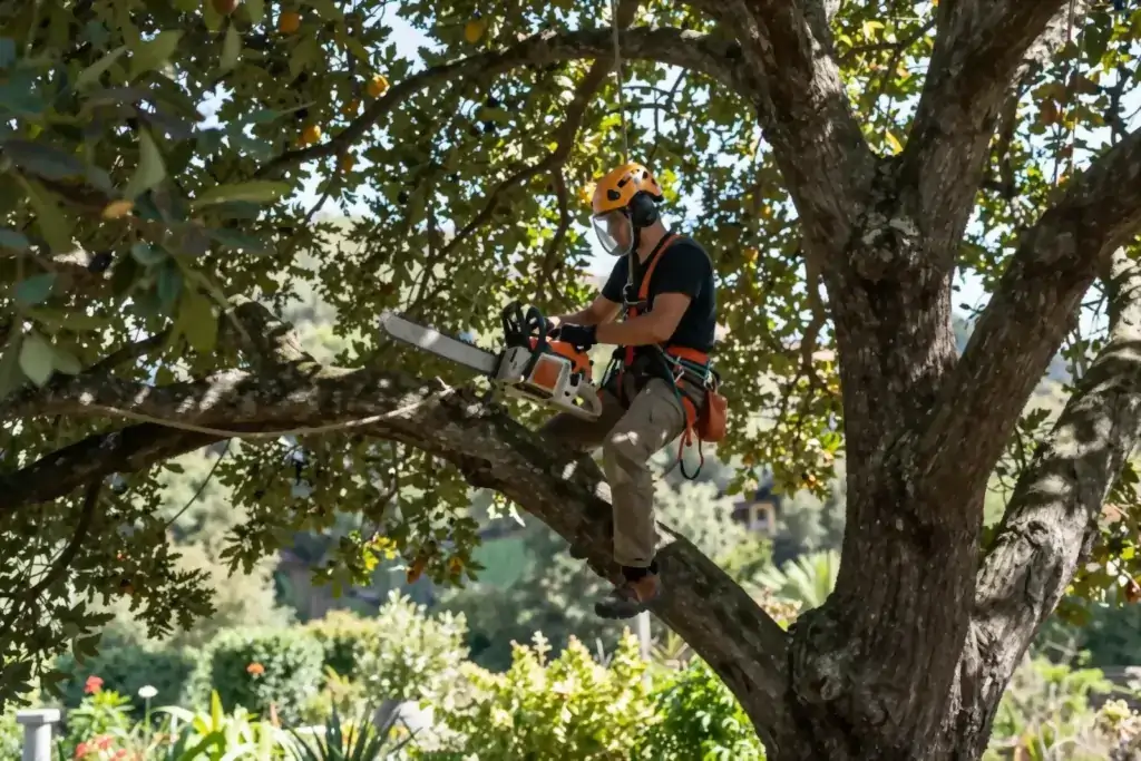 Κλάδεμα δέντρων - δενδροκόμος με εξοπλισμό αναρρίχησης κλαδεύει ψηλό δέντρο με ασφάλεια