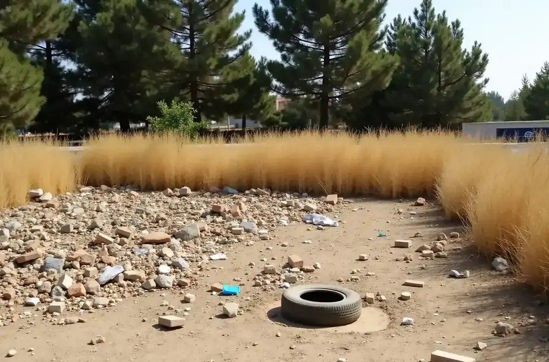 Μπάζα και απορρίμματα που αποκαλύφθηκαν κάτω από ξερή βλάστηση σε οικόπεδο