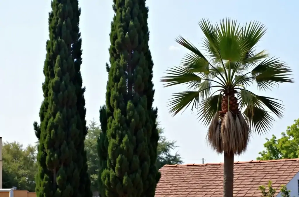 Ψηλά κυπαρίσσια και φοίνικας με ξερά φύλλα δίπλα σε στέγη κατοικίας στην Αττική